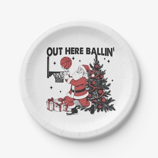 Hier buiten Balling Basketbal Sport Kerstmis Papieren Bordje (Voorkant)