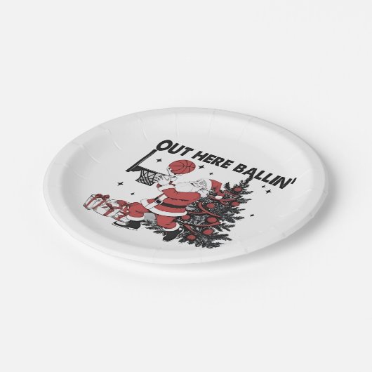 Hier buiten Balling Basketbal Sport Kerstmis Papieren Bordje (Gekanteld)