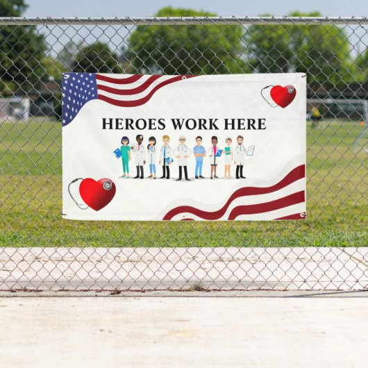 Hier het werk van helden aanpassen het personeel v spandoek (Insitu)