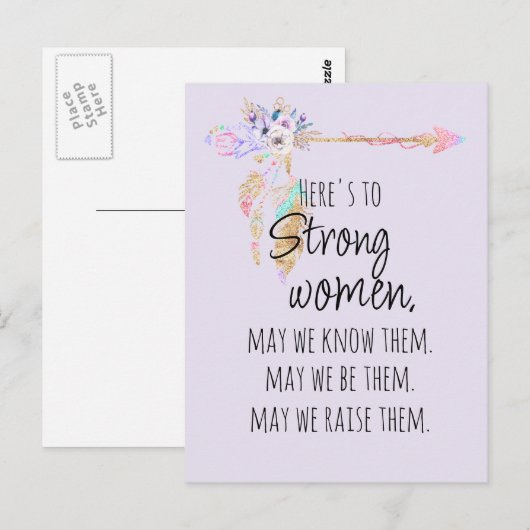 Hier is aan Sterke Vrouwen Boho Floral Arrow Lila Briefkaart (Voorkant / Achterkant)