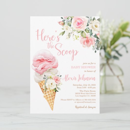 Hier is de Scoop Baby shower (Meisje) Uitnodiging (Staand voorkant)