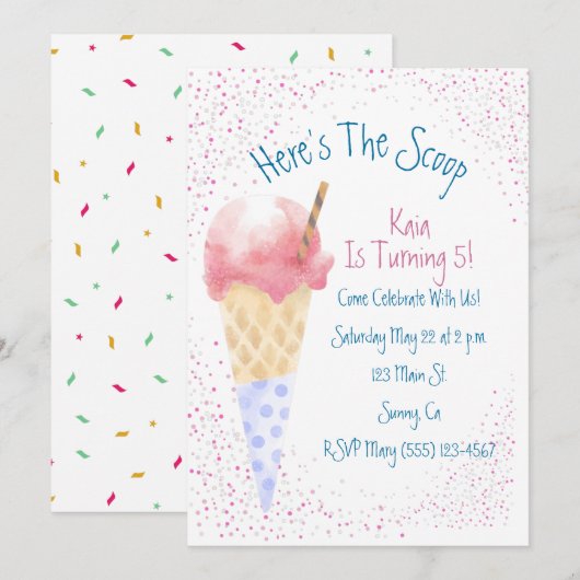 Hier is de Scoop Birthday-uitnodiging Kaart (Voorkant / Achterkant)