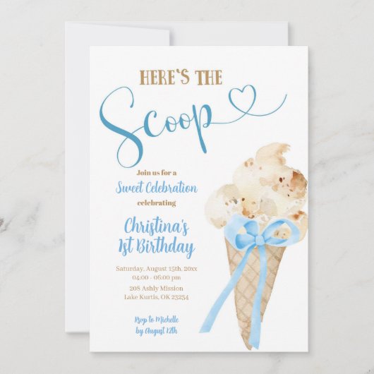 Hier is de Scoop Blue Ice Cream Eerste Verjaardag Kaart (Voorkant)