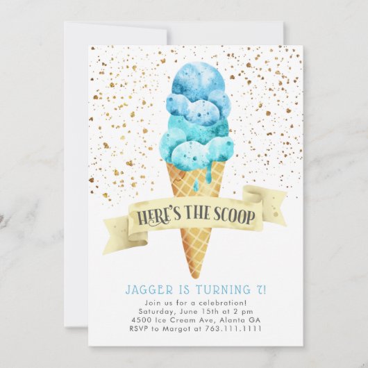 Hier is de Scoop Boy Ice Cream Birthday Party Kaart (Voorkant)