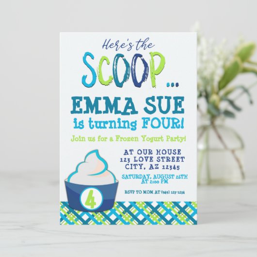 Hier is de Scoop Frozen Yogurt Party Birthday Kaart (Staand voorkant)