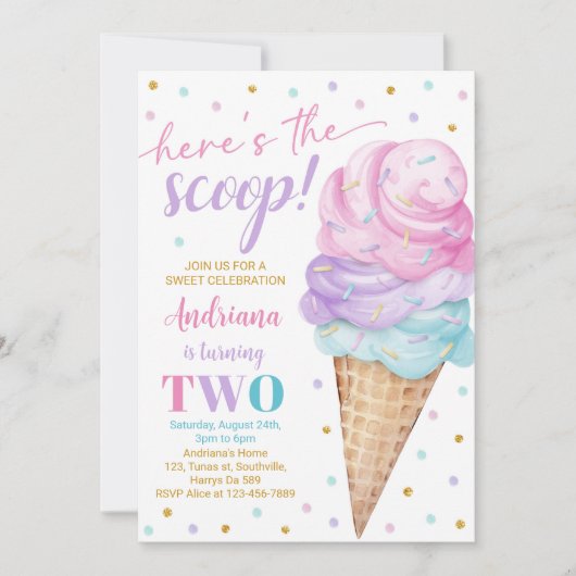 Hier is de Scoop Girls Ice Cream Tweede verjaardag Kaart (Voorkant)