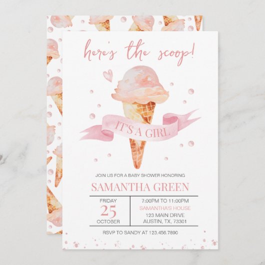 Hier is de Scoop Het is een Meisje Baby shower Kaart (Voorkant / Achterkant)