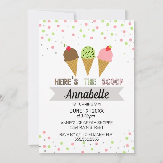 Hier is de Scoop Ice Cream Birthday Party Kaart (Voorkant)