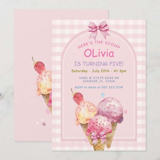 Hier is de Scoop Ice Cream Birthday Party Kaart (Voorkant / Achterkant)