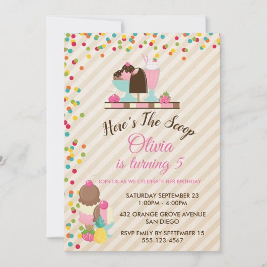 Hier is de Scoop Ice Cream Birthday Party Kaart (Voorkant)