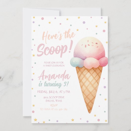 Hier is de Scoop Ice Cream Birthday Party Kaart (Voorkant)