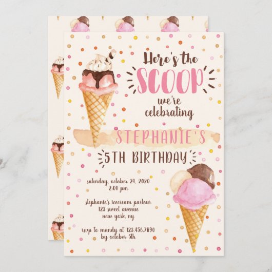 Hier is de Scoop Ice Cream Birthday Party Kaart (Voorkant / Achterkant)