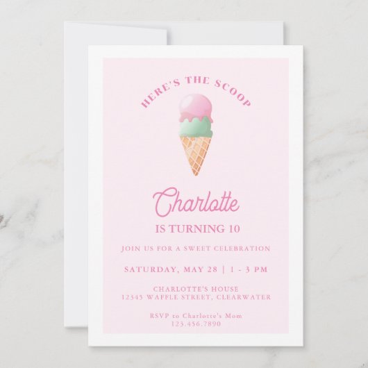 Hier is de Scoop Ice Cream Birthday Party Kaart (Voorkant)