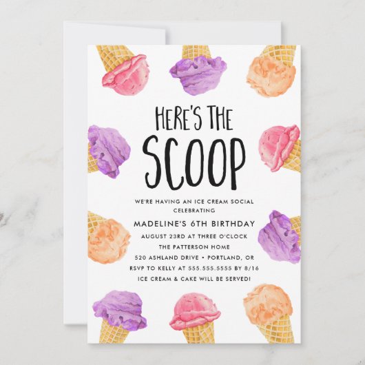 Hier is de Scoop Ice Cream Birthday Party Kaart (Voorkant)