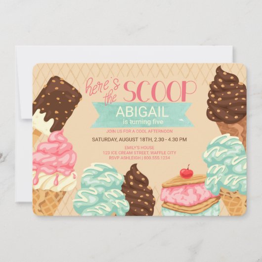 Hier is de Scoop Ice Cream Birthday Party Kaart (Voorkant)