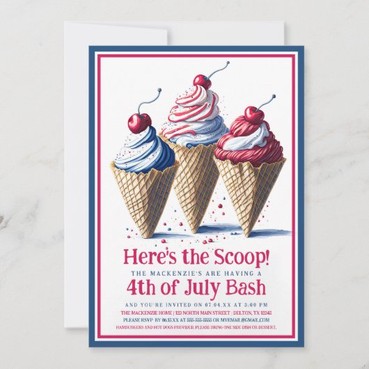 Hier is de Scoop Ice Cream Cone 4th van juli Party Kaart (Voorkant)