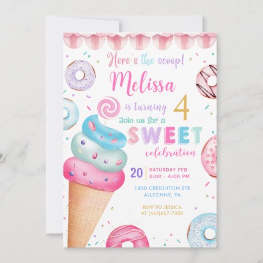 Hier is de Scoop Ice Cream Donut verjaardag Kaart (Voorkant)