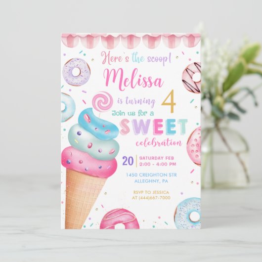 Hier is de Scoop Ice Cream Donut verjaardag Kaart (Staand voorkant)