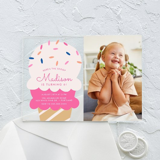 Hier is de Scoop Ice Cream Foto Birthday Party Acryl Uitnodigingen