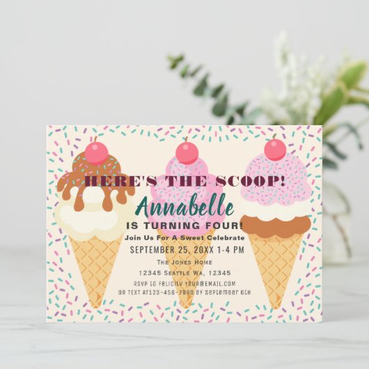 Hier is de Scoop Ice Cream Kids Birthday Party Inv Kaart (Staand voorkant)