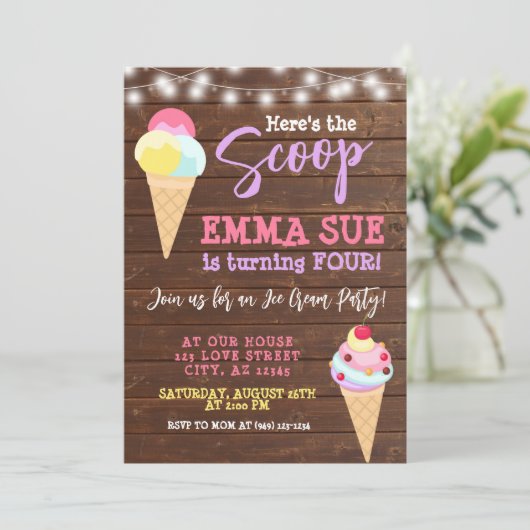 Hier is de Scoop Ice Cream Party Birthday Kaart (Staand voorkant)