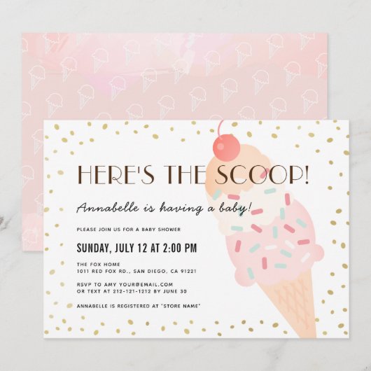 Hier is de Scoop Ice Cream Pink Girl Baby shower Kaart (Voorkant / Achterkant)