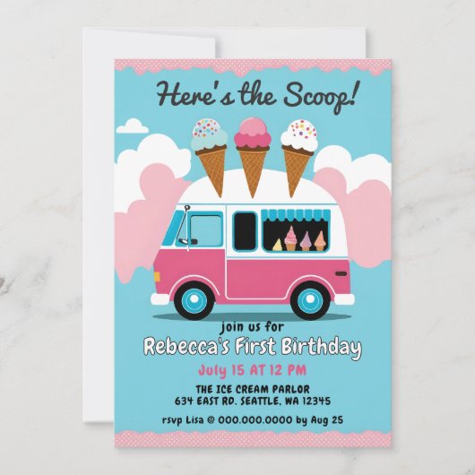 Hier is de Scoop Ice Cream Truck Verjaardag Kaart (Voorkant)