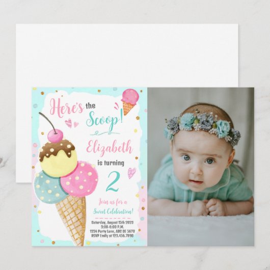 Hier is de Scoop Ice Cream Verjaardagsfoto Kaart (Voorkant / Achterkant)