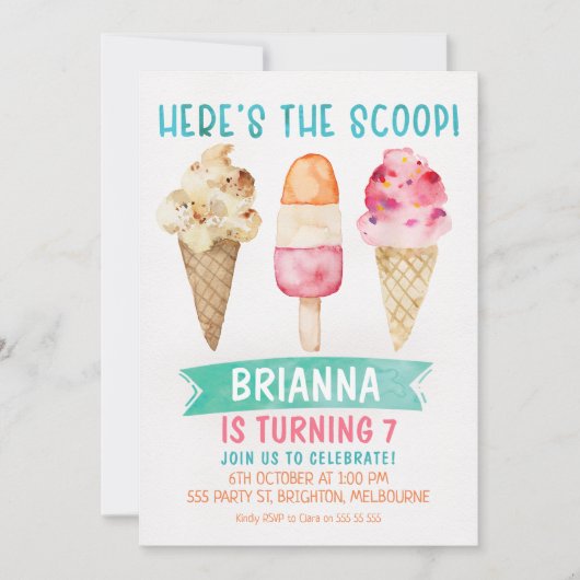 Hier is de Scoop Ice-Cream verjaardagsuitnodiging Kaart (Voorkant)