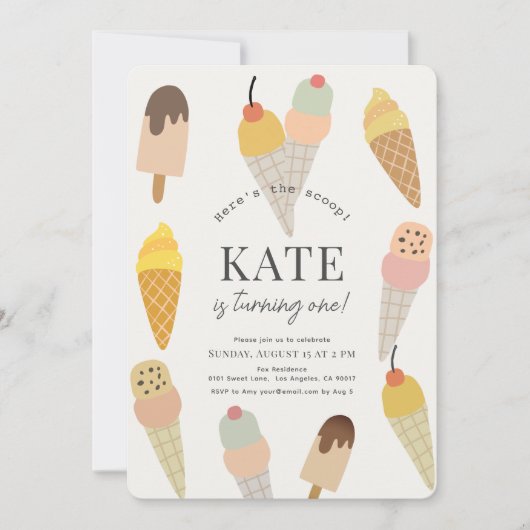 Hier is de Scoop Kleurrijke Ice Cream 1e Verjaarda Kaart (Voorkant)