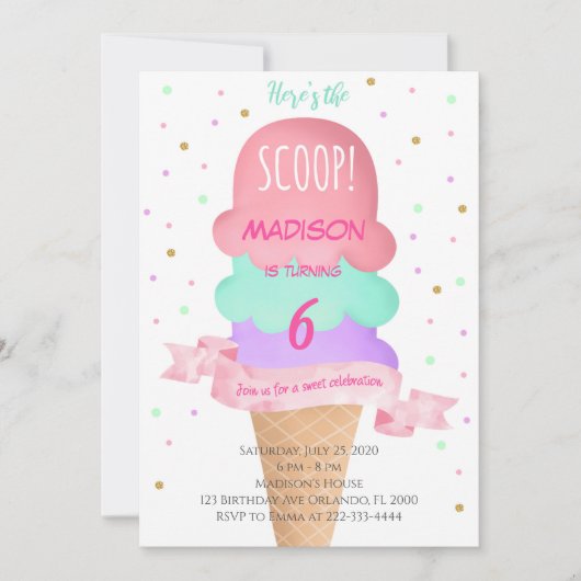 Hier is de Scoop Kleurrijke Ice Cream Invite Kaart (Voorkant)