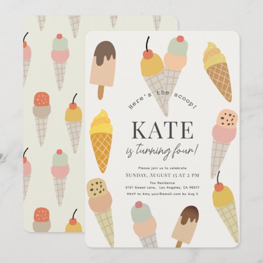 Hier is de Scoop Kleurrijke Ice Cream Kids Verjaar Kaart (Voorkant / Achterkant)