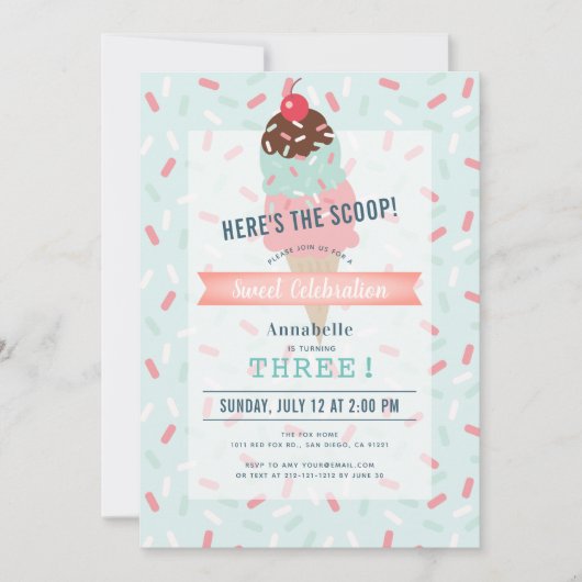 Hier is de Scoop Mint Green Ice Cream Verjaardag Kaart (Voorkant)