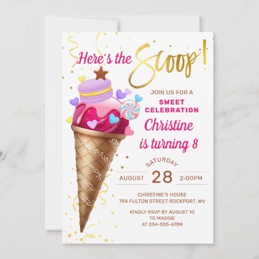 Hier is de Scoop Pink Gold Ice Cream Birthday Kaart (Voorkant)