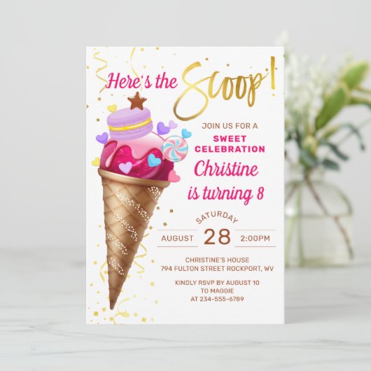 Hier is de Scoop Pink Gold Ice Cream Birthday Kaart (Staand voorkant)