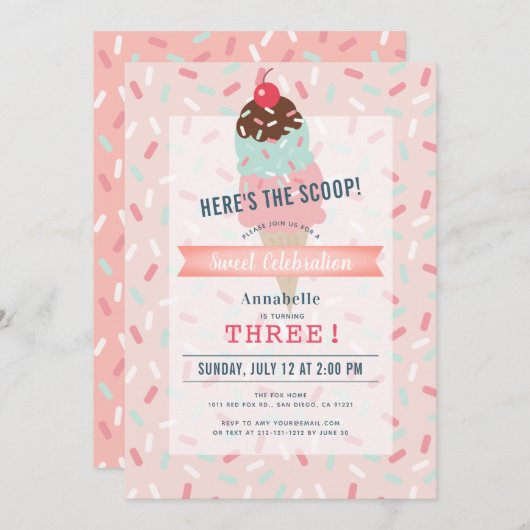 Hier is de Scoop Pink Ice Cream Birthday Kaart (Voorkant / Achterkant)