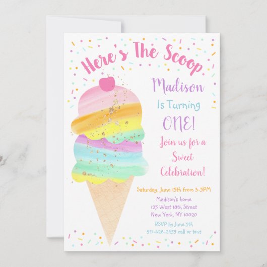 Hier is de Scoop Rainbow Ice Cream Birthday Kaart (Voorkant)