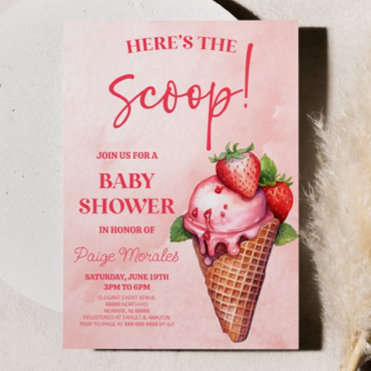 Hier is de scoop! Strawberry Ice Cream Baby shower Kaart