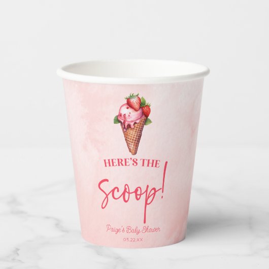 Hier is de scoop! Strawberry Ice Cream Baby shower Papieren Bekers (Voorkant)