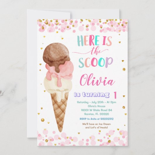 Hier is de Scoops Cone Ice Cream Birthday Party Kaart (Voorkant)