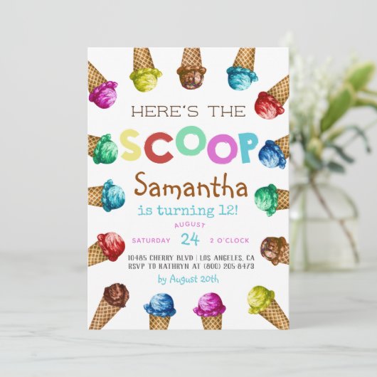 Hier is de uitnodiging van de Scoop Ice Cream op z (Staand voorkant)