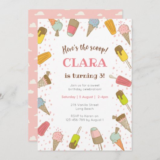 Hier is de uitnodiging voor de verjaardag van Ice  (Voorkant / Achterkant)