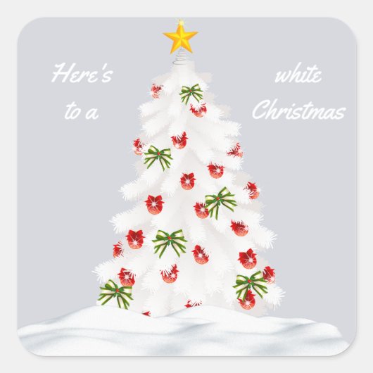Hier is een witte kerstboom met rood vierkante sticker (Voorkant)