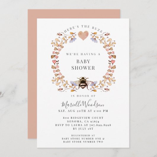 Hier is het Buzz Floral Heart Bee Baby shower Kaart (Voorkant / Achterkant)