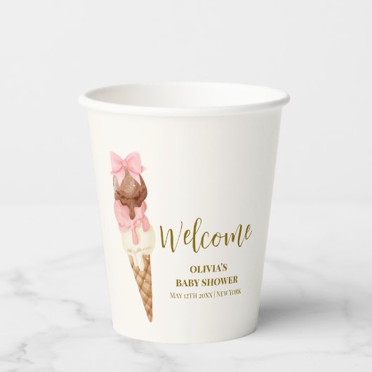 Hier is het Scoop Bow Ice Cream Baby shower Welkom Papieren Bekers (Voorkant)