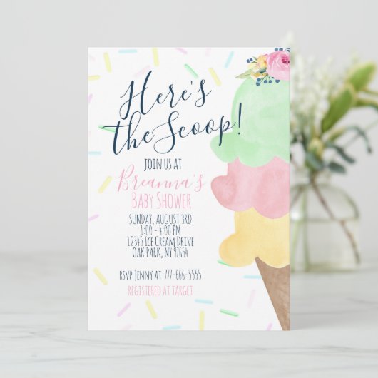 Hier is het Scoop Ice Cream Baby shower Kaart (Staand voorkant)