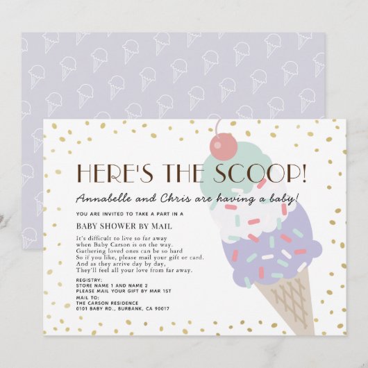 Hier is het Scoop Ice Cream Baby shower per Mail Kaart (Voorkant / Achterkant)