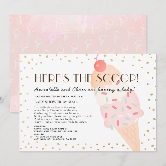 Hier is het Scoop Ice Cream Baby shower per Mail Kaart (Voorkant / Achterkant)