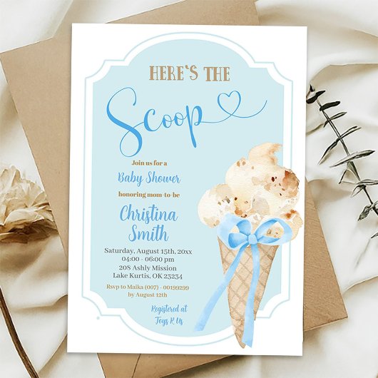 Hier is het Scoop Ice Cream Blue Baby shower Kaart