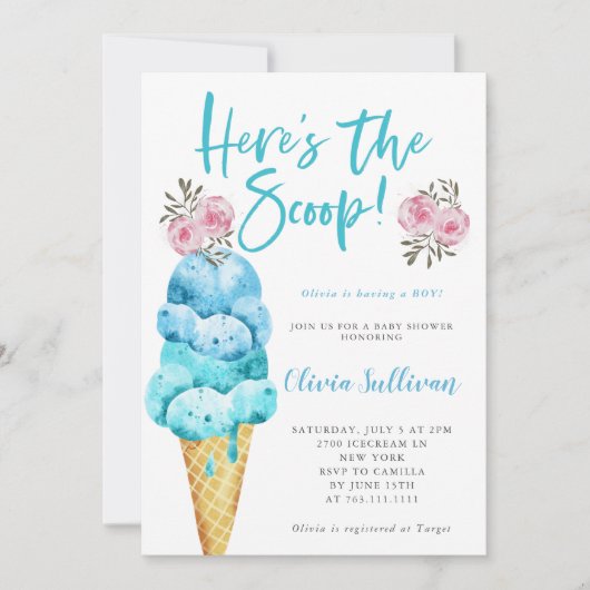 Hier is het Scoop Ice Cream Boy Baby shower Kaart (Voorkant)